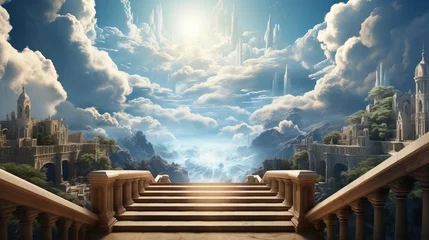 Foto op Canvas Gates of heaven, illustration of the road going to heaven. Fluffy clouds and people go up the stairs. concept: religion and faith © Marynkka_muis