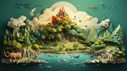 Fantasy landscape, environment day concept tree background. Ai Generative