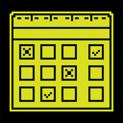 Paper wall calendar Pixel silhouette icon. Marking days of the week, months on calendar. Simple black and yellow vector