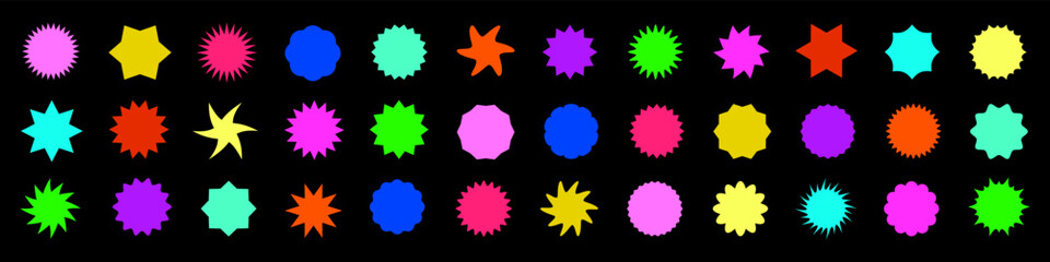 Simple starburst shapes. Sticker, label, promotional badge on black background