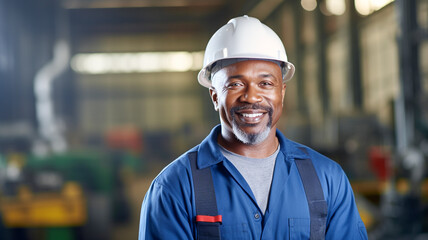 Portrait of African American male engineer in uniform smiling and standing in industrial factory.