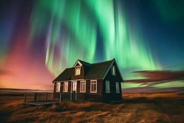 Northern lights sky wooden house glow. Magnetic dark space home. Generate Ai