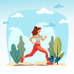 A girl  in exercise clothes, running with plant and sky background, Healthy activity concept illustration