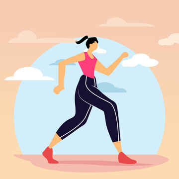 Woman running  exercise in a healthy lifestyle concept, mental health scene activity illustration