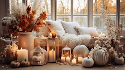 Stunning fall decor with white candles in a home