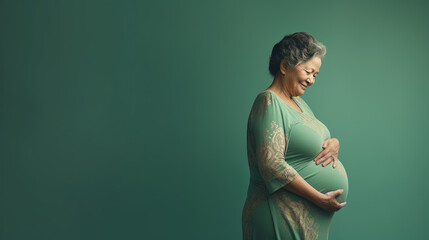 Pregnant mature woman on pastel green background with copy space. Late pregnancy, gynecological services for management of pregnancy, In Vitro Fertilization. - obrazy, fototapety, plakaty