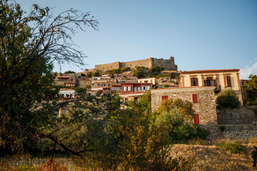 Traditional Greece. Lesvos island, view of town Molyvos (Mithymna) with old castle above