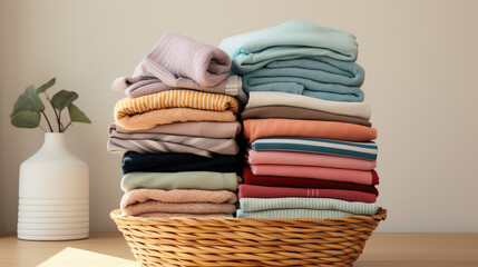Stack of clean terry towels for bath and body. Creative banner for a store of home goods and bathroom accessories.  - obrazy, fototapety, plakaty