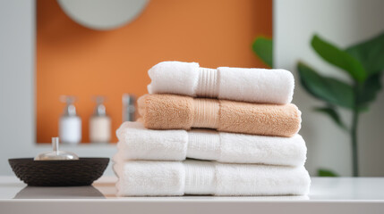 Stack of clean terry towels for bath and body. Creative banner for a store of home goods and bathroom accessories. 