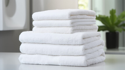 Stack of white clean terry towels for bath and body. Creative banner for a store of home goods and bathroom accessories. 