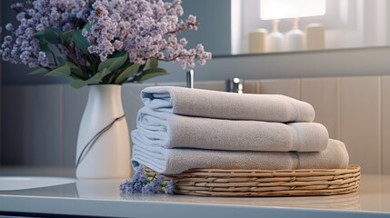 Stack of clean terry towels for bath and body. Creative banner for a store of home goods and bathroom accessories. 