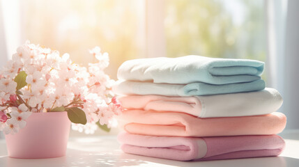 Obraz na płótnie Canvas Stack of clean pastel colors terry towels for bath and body. Creative banner for a store of home goods and bathroom accessories. 