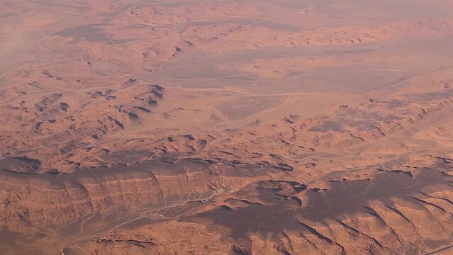 Aerial view of the desert and mountains near the city of Tabuk, the Kingdom of Saudi Arabia.