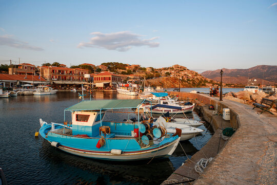 Traditional Greece. Lesvos island, view of town Molyvos (Mithymna) with old castle above