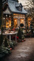 Fototapeta na wymiar Noel in Nature: A Charming Garden Home Decked Out for Christmas