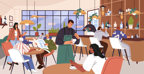 Cafe interior. Woman drink coffee on the table, indoor. People with cocktails sitting at bar counter. Professional waiter in apron take order. Friends meeting in restaurant. Flat vector illustration