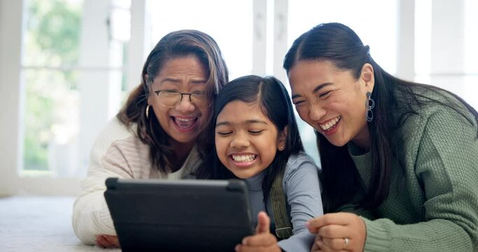 Family, girl and grandmother on tablet selfie, funny meme and social media for e learning, online education or games at home. Women, mom and child on digital technology, video call and laugh together