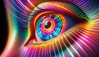 Close-up photo of an eye with a colorful iris and radiating digital patterns representing vision and perception.Generative AI