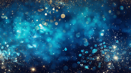Fototapeta premium Abstract blue background with bokeh and bright little stars, blurry defocused circles with copy space