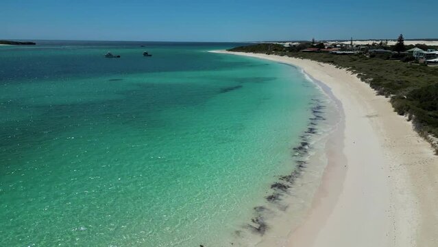 Aerial view of pristine Lancelin Beach crystal clear turquoise water and white sand landscape, Western Australia