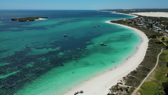 Aerial view of four-wheel driving on Lancelin Beach white sand landscape, Western Australia