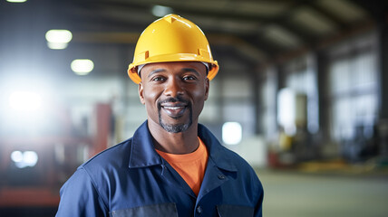 Portrait of African American male engineer in uniform smiling and standing in industrial factory.
