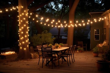 Fototapeta premium Backyard Surrounded By Trees And Adorned With String Lights