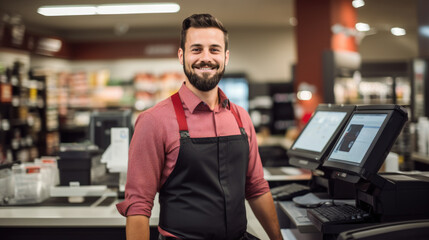 A smiling male cashier in a retail grocery store stands at the checkout counter with a point-of-sale system, dressed in a uniform with an apron and suspenders, ready to assist customers. - obrazy, fototapety, plakaty