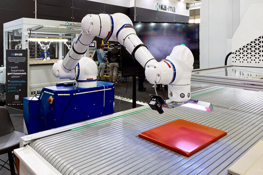 Demonstration of an automated painting quality control system using a 3D manipulator at an exhibition WoodTech 2023 Woodworking Machinery Expo: Istanbul, Turkey - October 20, 2023.