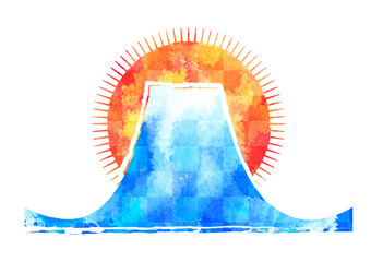 水彩の富士山と日の出のイラスト　和柄　市松