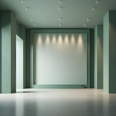 Modern gallery interior with empty green wall, minimalist mockup background design, 3D Render, generative ai