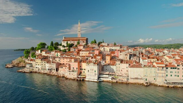 Aerial view of the Rovinj old town, Adriatic sea, Istria peninsula, Croatia