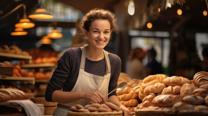 A smiling woman in an apron leaning on a counter in a bakery, with a variety of freshly baked breads displayed in front of her.