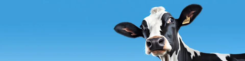  Funny cute cow isolated on blue. Talking black and white cow close up. Funny curious cow. Farm animals. Pet cow on sky background looking at the camera © PaulShlykov