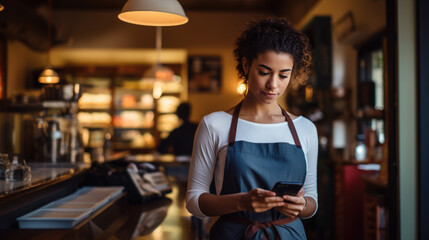 A cafe worker, wearing an apron and using a smartphone, standing at the counter of a warmly lit cafe with coffee equipment in the background. - Powered by Adobe