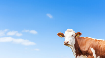 Copy space Funny cute cow. Talking red and white cow close up. Funny curious cow. Farm animals. Pet cow on sky background looking at the camera