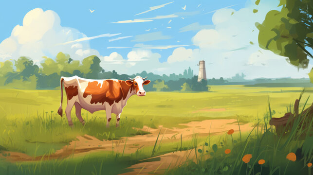 A cow grazes in a meadow. Rural landscape with a cow