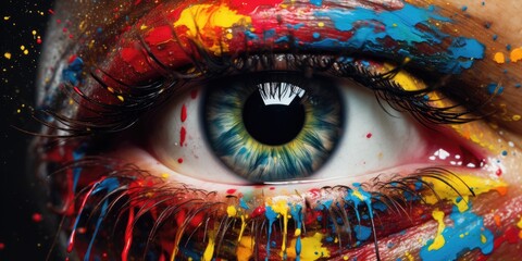 Colorful Paint And Ink Splashes Around Human Eye. Сoncept Whimsical Cosmetics, Abstract Eye Art, Splash Of Colours, Artistic Makeup, Experimental Photography