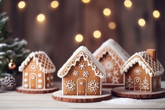 Christmas Gingerbread Houses On Wooden Table Festive Scene