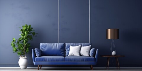 Dark Blue Sofa And Recliner Chair In Scandinavian Apartment