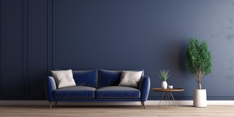 Dark Blue Sofa And Recliner Chair In Scandinavian Apartment