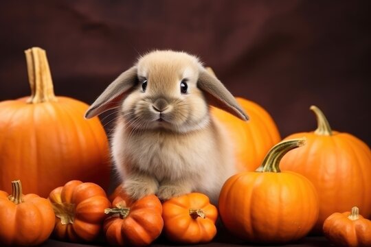 Cute Rabbit Among Halloween Pumpkins