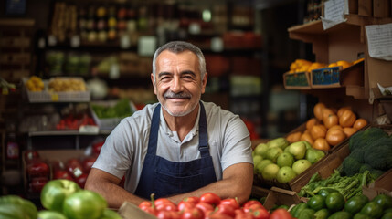 A cheerful middle-aged grocer wearing an apron, standing in front of a vibrant display of fresh produce, including tomatoes and peppers, in a local grocery market.