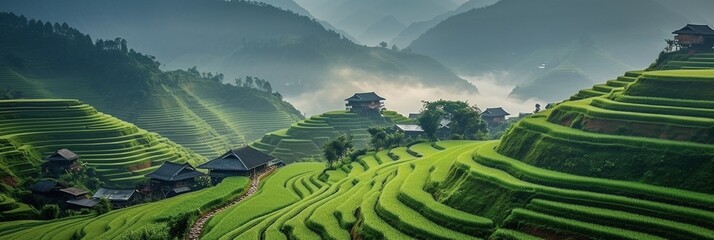 Panoramic view of terraced ricefields in green valley misty morning
