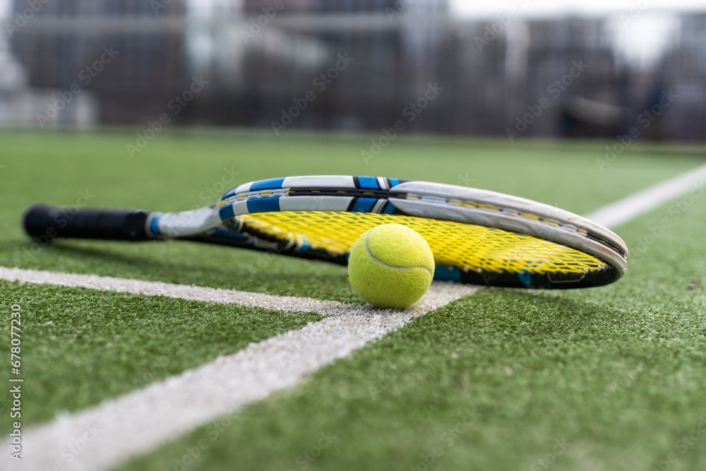 Wall mural Equipment for playing tennis on grass.