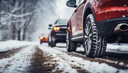 Winter car tires on a snowy road by Generative AI - obrazy, fototapety, plakaty