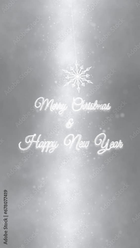 Poster new year and christmas greetings with swinging snowflake loop motion on silver white colored vertica