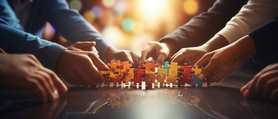 Close up hand of business people join puzzle pieces. - Powered by Adobe