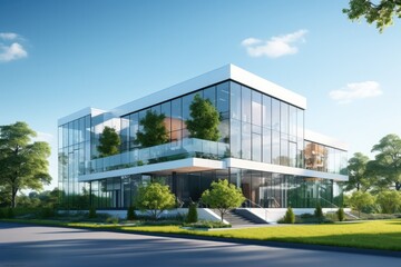 Ecofriendly Glass Office Building With Green Surroundings