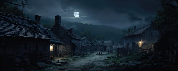 Eerie Moonlit Village With Mysterious Ambiance